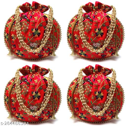 Foxtree 4 Pcs Indian Handmade Embroidered Potli Combo For Womens & Girls Wristlets Handbags To Carry In Parties, Weddings And Social Events Purses.