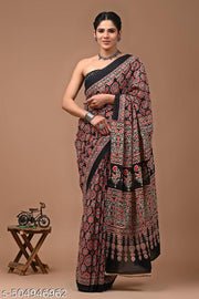 Traditional Women's Summer Special Jaipuri Hand Block Ajrakh Printed Pure Cotton Mulmul Saree with Unstitched Blouse Piece | best for office wear | best for onam | best for festivel
