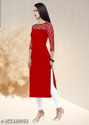 Polyster/Crepe fabric-Casual And Round-Neck 3/4 Length Sleeve Red Kurti (42"Inches)