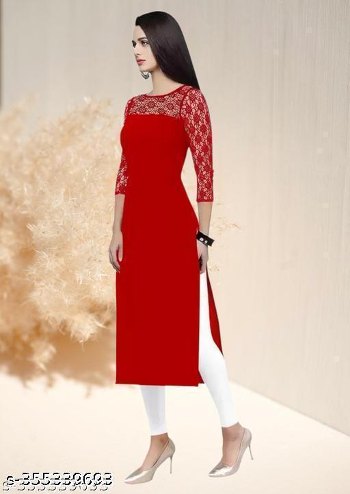 Polyster/Crepe fabric-Casual And Round-Neck 3/4 Length Sleeve Red Kurti (42"Inches)