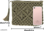 THE TOP KNOTT  Crochet Tassel Handbag Straw Envelope Clutch Bag Cotton Macrame Purse Hobo Hand-Woven Beach Wristlet Bag with Zipper