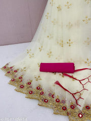 Women's Soft Net Saree with Heavy Golden Floral Embroidery, Mirror Work Border, Fancy Tassel Pallu and Unstitched Blouse Piece for Wedding Party Festive Wear