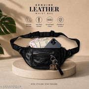 Genuine Leather Waist Bag for Men & Women | Premium Black Leather sling beg for women | Adjustable Belt Bag | Multi-Zip Travel Waist Pouch | Mobile, Wallet & Cash Organizer | Crossbody Sling Bag