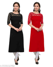 Pack of 1 Casual American Crepe And Net Round-Neck 3/4 Length Sleeves Black & Red Kurti (42"Inches)