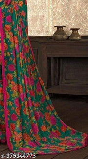 Georgette Green Saree With Blouse
