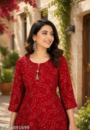 ANGRKHI STYLISH BEAUTIFUL PRINTED KURTA FOR WOMEN AND GIRLS| 3/4TH SLEEVES ROUND NECK BHADNI| CASUAL WEAR AND FESTIVAL WEAR KURTA IN RAYON FABRIC