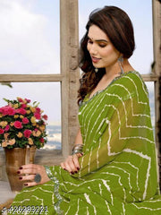Women's Bollywood Leheriya Printed Green Georgette Saree