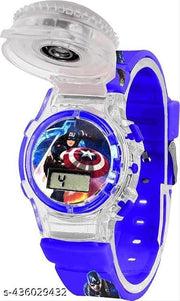 Digital Dial Cartoon Revolving Cap Glowing Light Cartoon Printed Strap Colorful Kids Watch for Boys & Girls (Age:4-12 Years)Captain America
