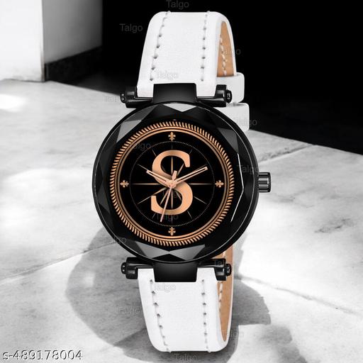 Krolexe Analog Round Black Dial ALPHABET S Design Stylish White Leather Strap Classic Design Fancy Wrist Watch for Women and Girls, Pack of 1 - ALP-S-GEN-BK-WHT-L