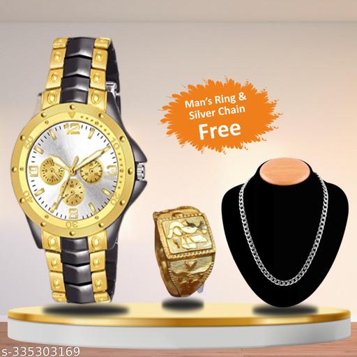 Silver Chain+Ring With GB Multicolor Analog Watch