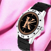 Welix Analog Round Black Dial ALPHABET K Design Stylish Black PU Strap Classic Design Fancy Wrist Watch for Men and Boys, Pack of 1 - ALPHA-K-AVO-SIL-CDBLK