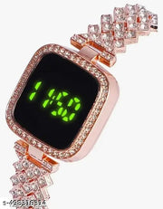 Fashion Rose Gold Square Stone Worked LED Watch For Ladies