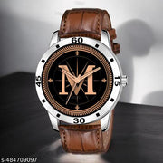 Talgo Analog Round Black Dial ALPHABET M Design Stylish Brown Leather Strap Classic Design Fancy Wrist Watch for Men and Boys, Pack of 1 - ALP-M-AVO-SIL-DBRW-CRL
