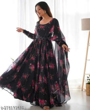 Flower Printed Long Gown with Dupatta (No Bottomwear)