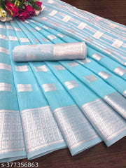 Arani Pattu Cotton Linen Silk Saree with Blouse Piece (Aqua & Silver) Hathi Saree