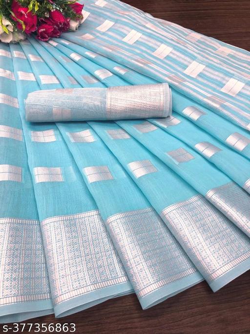 Arani Pattu Cotton Linen Silk Saree with Blouse Piece (Aqua & Silver) Hathi Saree