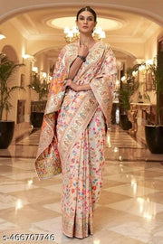 Rajwadi Pashmina White Floral Silk Saree banarasi Silk Saree