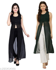 Shimao women Georgette round neck kurti (Black and Green)
