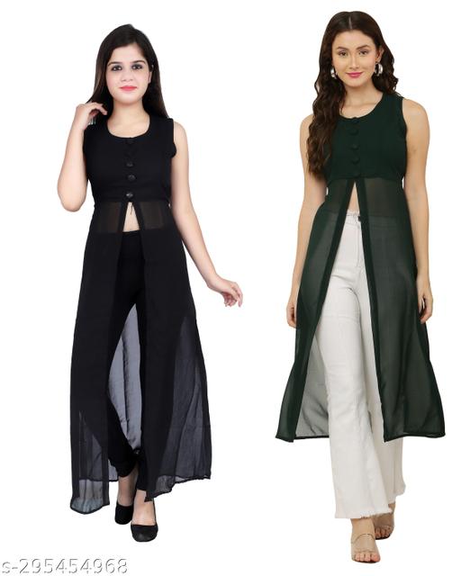 Shimao women Georgette round neck kurti (Black and Green)