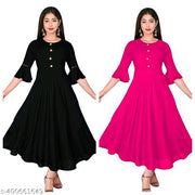 Stylish New Fashionable Women Casual Solid Round Neck Anarkali Rayon Kurta (Black, Pink) (Pack Of 2)
