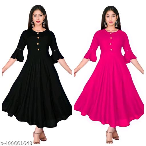 Stylish New Fashionable Women Casual Solid Round Neck Anarkali Rayon Kurta (Black, Pink) (Pack Of 2)