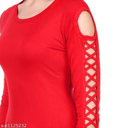 Kanchan World Women's Cotton Solid Long Kurti with Criss-Cross Cut-Out Sleeves | Casual Full Sleeve A-Line Kurta
