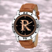 Sky Mart Analog Round Black Dial ALPHABET R Design Stylish Beige Leather Strap Classic Design Fancy Wrist Watch for Men and Boys, Pack of 1 - ALPHA-R-AVO-SIL-TAN-CRL -7