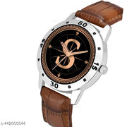Talgo Analog Round Black Dial ALPHABET S Design Stylish Brown Leather Strap Classic Design Fancy Wrist Watch for Men and Boys, Pack of 1 - ALPHA-S-AVO-SIL-DBRW-CRL