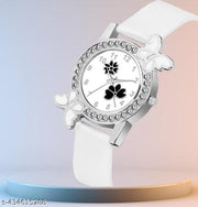 Dimond Studded Flower Design Dial PU Strap Analog Girl's and Women's WHITE Watch(PACK OF 1)