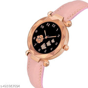 Analogue New Flower Print Dial Lathers Strap Girls and Womans Watches(Pink&Blue)