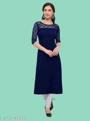 Casual American Crepe And Net Round-Neck 3/4 Length Sleeve Navy Blue Kurti (45"Inches)