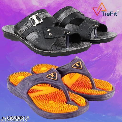 TieFit Men's Accupressure Non-Slip Slippers & TieFit Men's Thong Slipper Combo Pair Of 2