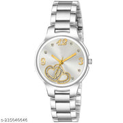 HRV Gold Double Heart Dial Metal Silver Belt Girls watch