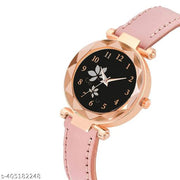 JACKSHOWSHOPE Analogue Double Flower Black Dial and Black Leather Strap Stylish Wrist Watch for Girl and Women