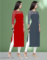 Polyster/Crepe fabric-Pack of 1 Casual And Round-Neck 3/4 Length Sleeves Red & Grey Kurti (42"Inches)