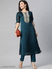 Aksharam Trends Women’s Georgette Kurta Set with Cotton Pant | V-Neck Kurti with Puffy Sleeves & Lace Embroidery | Elegant Party Wear Set with Pocket Pant – Available in Maroon, Wine & Morpich (S–XXL)