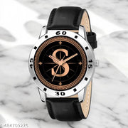Talgo Analog Round Black Dial ALPHABET S Design Stylish Black Leather Strap Classic Design Fancy Wrist Watch for Men and Boys, Pack of 1 - ALP-S-AVO-SIL-BLK-L