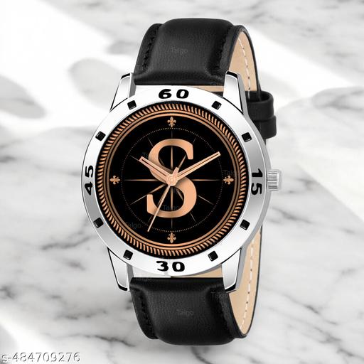 Talgo Analog Round Black Dial ALPHABET S Design Stylish Black Leather Strap Classic Design Fancy Wrist Watch for Men and Boys, Pack of 1 - ALP-S-AVO-SIL-BLK-L