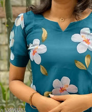 Trendy Teal Floral Print Puff Sleeve Kurti for Women | Casual & Festive Wear