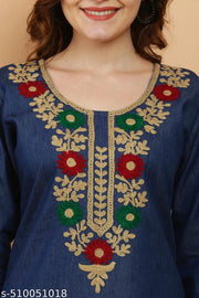 Stylish Denim Embroidered Kurti | Elegant Ethnic Wear