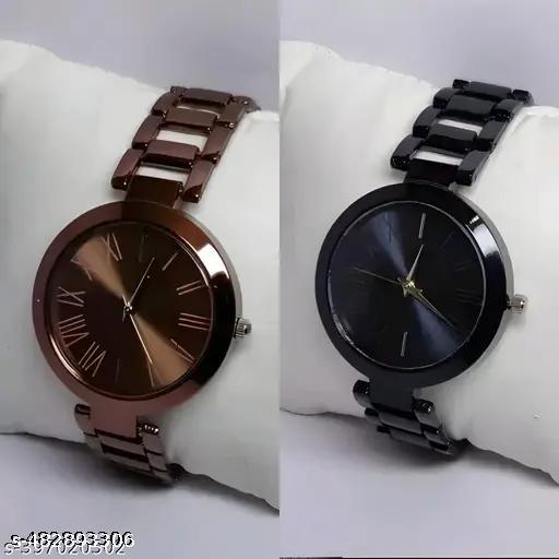 New Ethnic Solid Black Brown Metal Belt Analog Watches Combo for Women