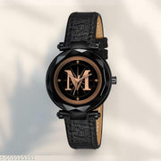 Atix ALPHABET "M" New Arrival Classic Analog Wrist Watch - Stylish Black Dial with Black Leather Strap for Women & Girls| Pack of 1 | ALPHA-M-GEN-BK-BLK-CUTL