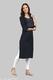 Womens Viscose Rayon Mirror Work Potli Design Straight Casual Kurti