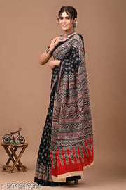 Traditional Women's Summer Special Jaipuri Hand Block Ajrakh Printed Cotton Mulmul Saree with Unstitched Blouse Piece