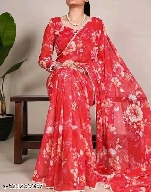 Elegant Floral Printed Georgette Saree with Moti Lace | Lightweight & Stylish | Includes Blouse Piece