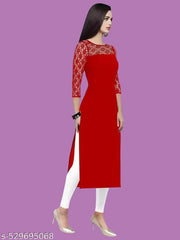 Casual American Crepe And Rasal Net Round Neck And 3/4 Sleeves Stylish Kurti For Womans