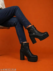 STRASSE PARIS | Trendy Women Black Chunky Block Heel Platform Ankle Boots | Metallic Buckle Detail Side Zipper High Heel Winter Boots / Party & Casual Wear Footwear