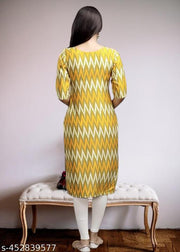 Casual American Crepe Round-Neck 3/4 Length Sleeves Geometric Printed Straight Yellow  Kurti (45"Inches)