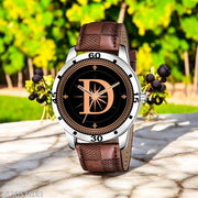 Femeo  Analog 9111 Watches Round Black Dial D Design Stylish Brown Leather Strap Classic Design Fancy Wrist Watch for Men and Boys, Pack of 1 - A07ZALPHA-D-AVO-SIL-BRW-CHL