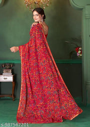 Daily Wear Red  Georgette Lace Border Saree With Unstitched Blouse Piece